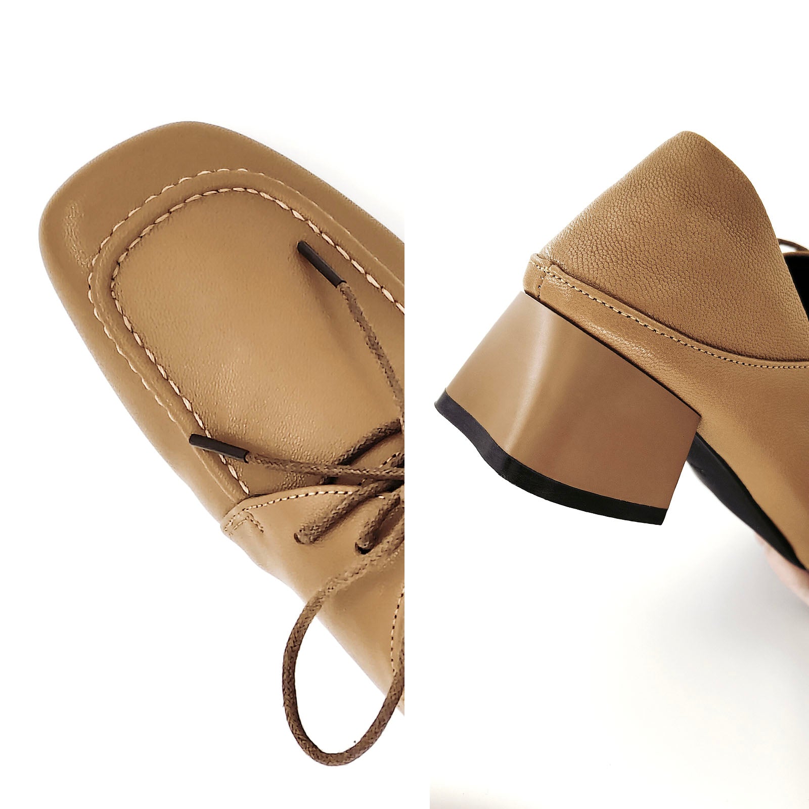 Elizabethlike Sheepskin Square-Toe Lace-up Mid-Heel Genuine
