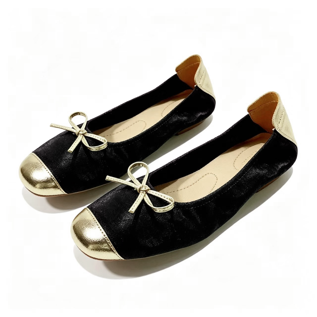 French Style Two-Tone Leather Bow Ballet Flats
