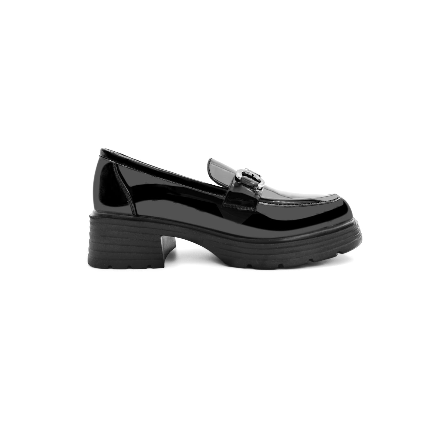 Elizabethlike Women's Thick-Soled Loafer in Patent Leather with Silver Metal Buckle