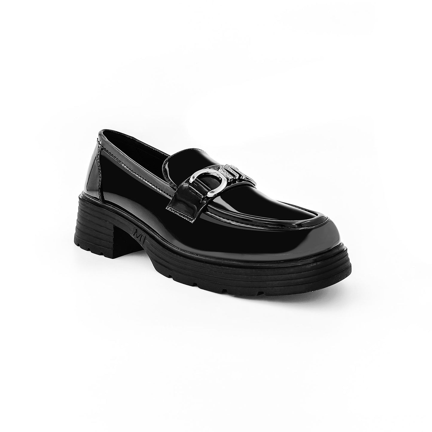 Elizabethlike Women's Thick-Soled Loafer in Patent Leather with Silver Metal Buckle